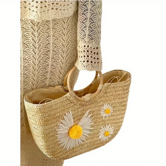 Handmade Woven Straw Bag With Daisy Embroidery Pastoral Style Casual Tote * NEW - Picture 2 of 5